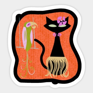 Hawaiian Hula Cat with Tropical Tiki Bird and Hibiscus Flowers Sticker